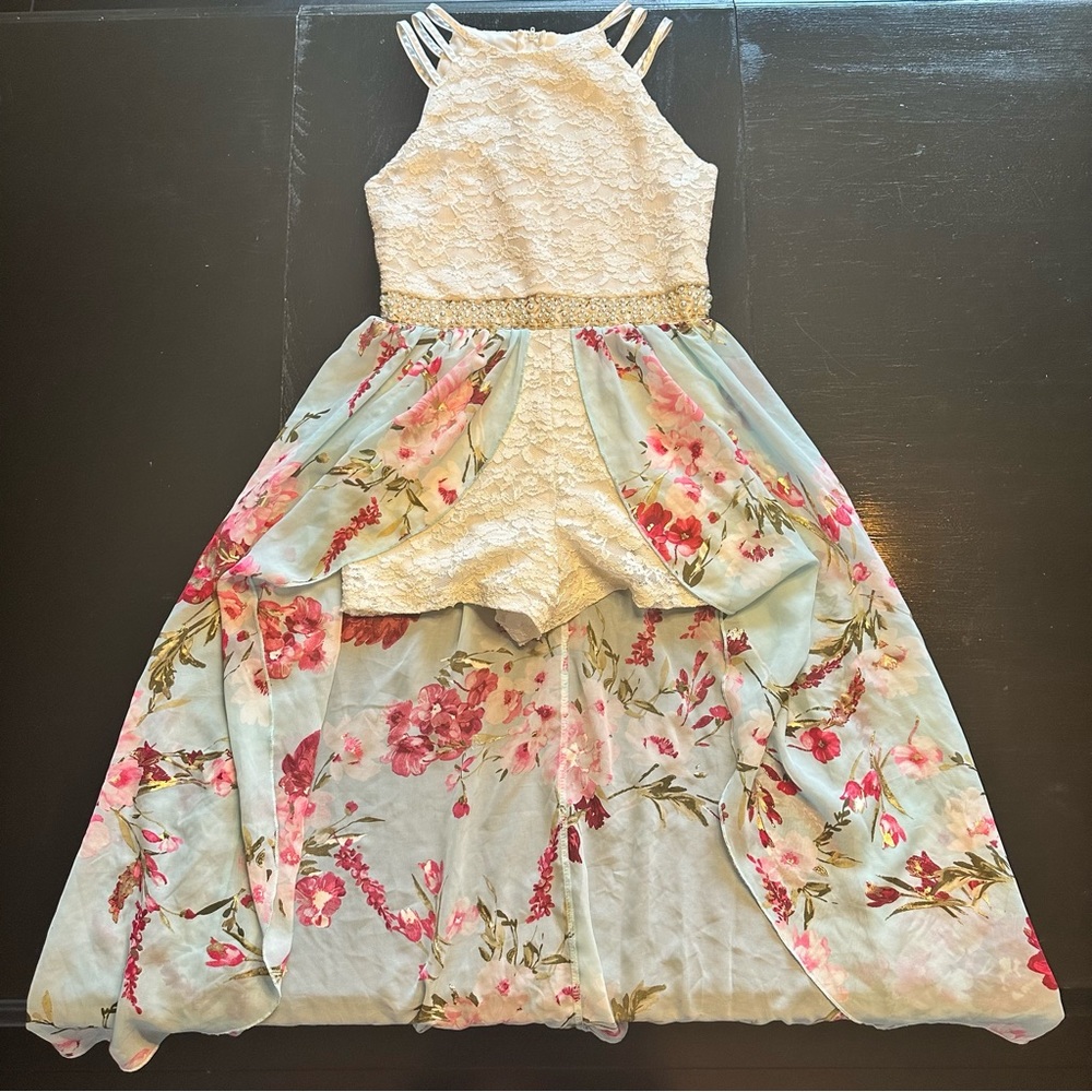 Speechless Kids Size 14 Romper Dress Combo Pearls Cream Floral Vacation Maxi